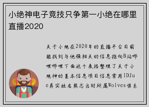 小绝神电子竞技只争第一小绝在哪里直播2020